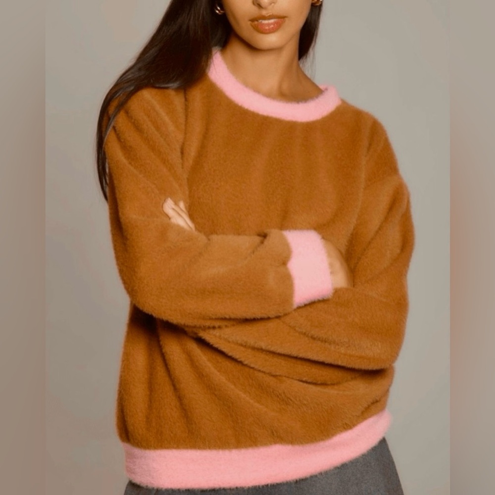 Maeve x Anthropologie Cozy Ringer Brown Pink Fuzzy Oversized Sweater Small